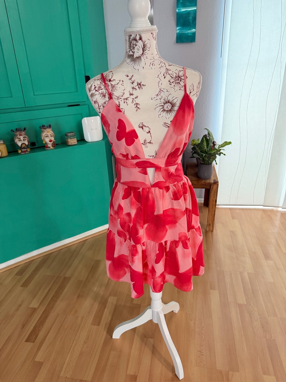 Floral Pink V-Neck Tiered Mini Dress